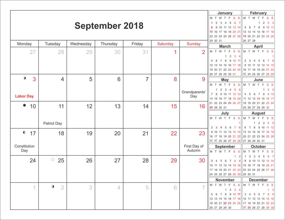September 2018 Moon Schedule Calendar