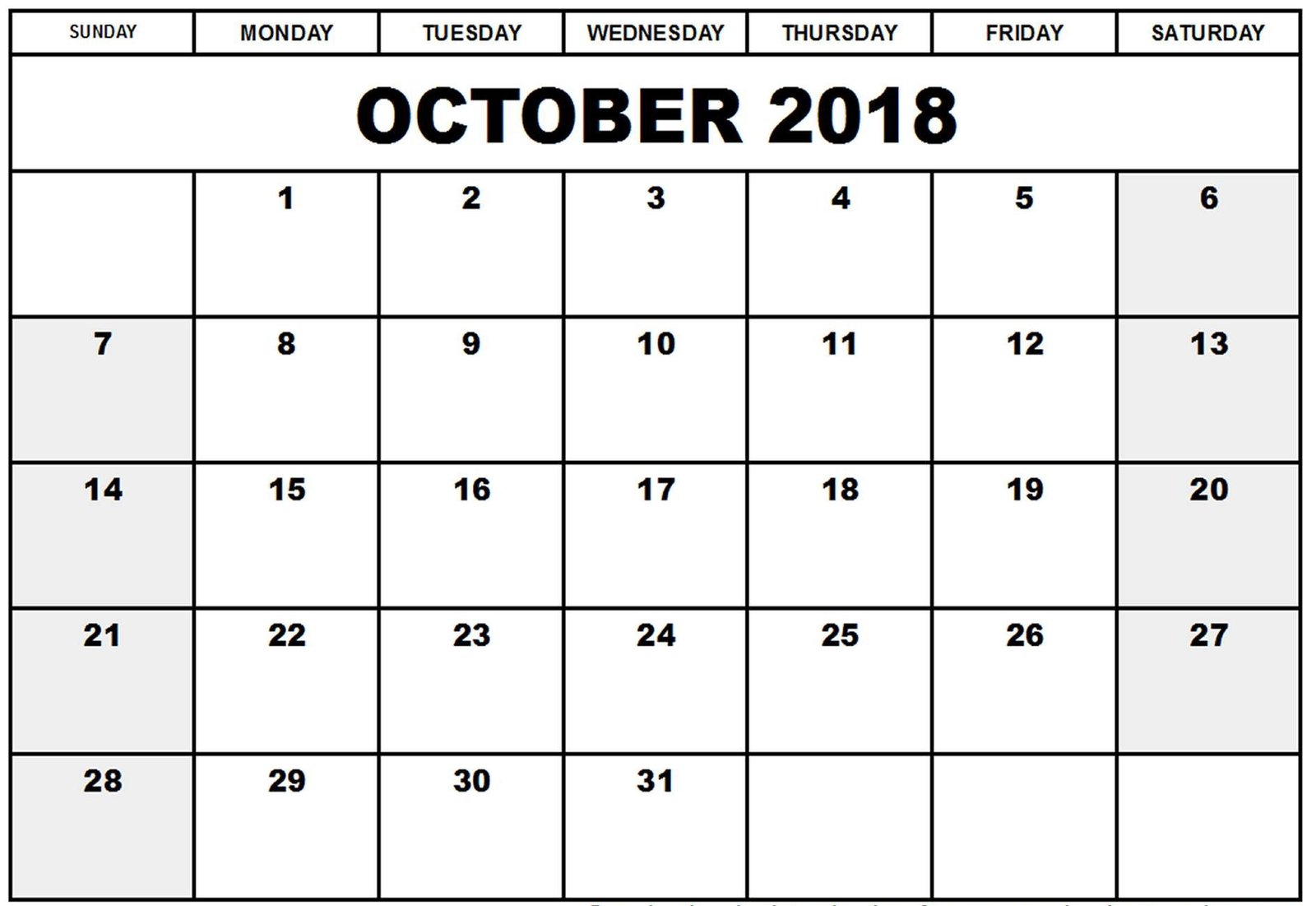 Calendar 2018 October Editable